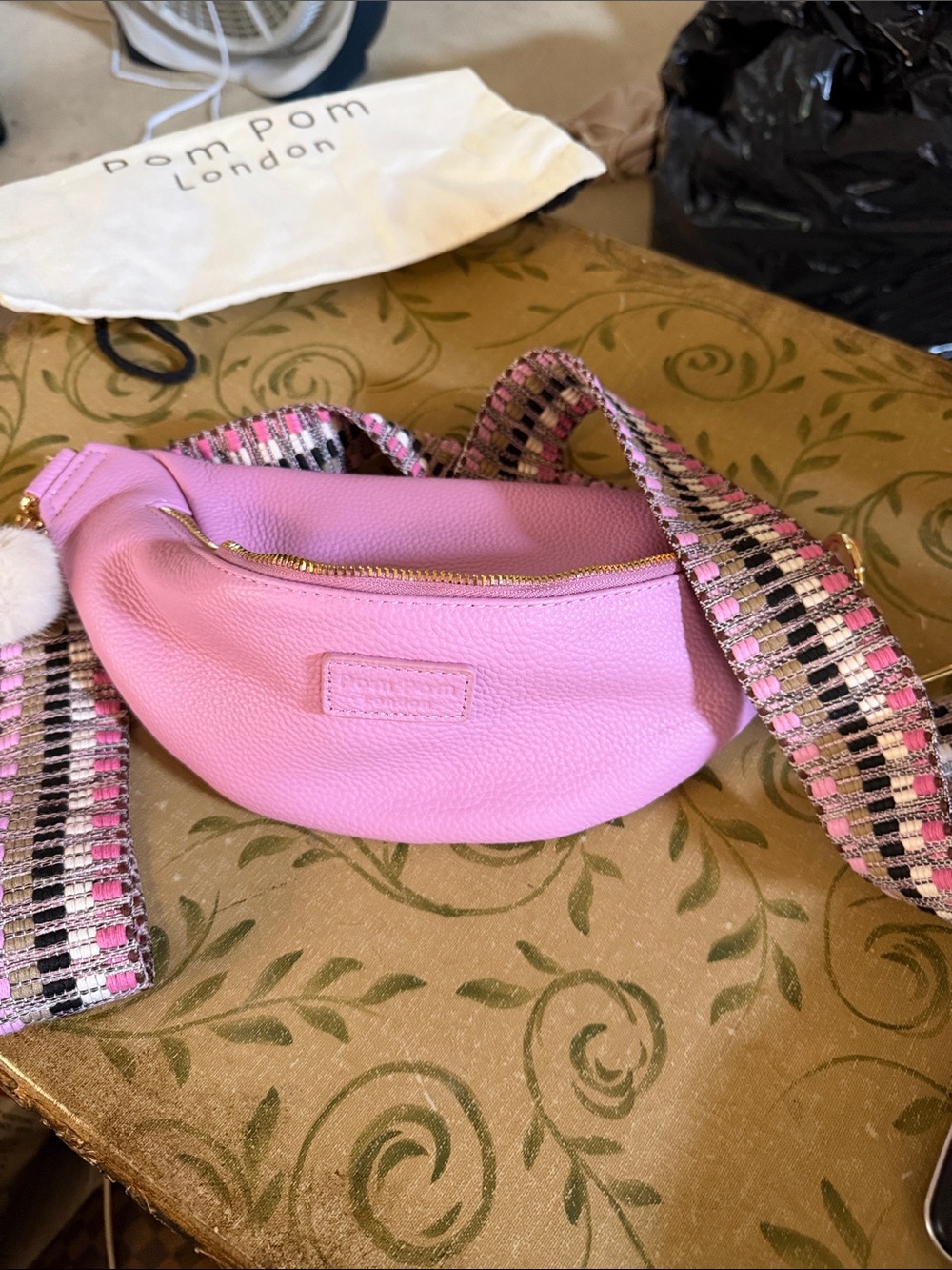 Pom Pom London Pink Leather Crossbody Bag with Patterned Strap